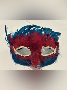 Feather Masquerade Eye Mask with Gem Trim Burgundy and Teal